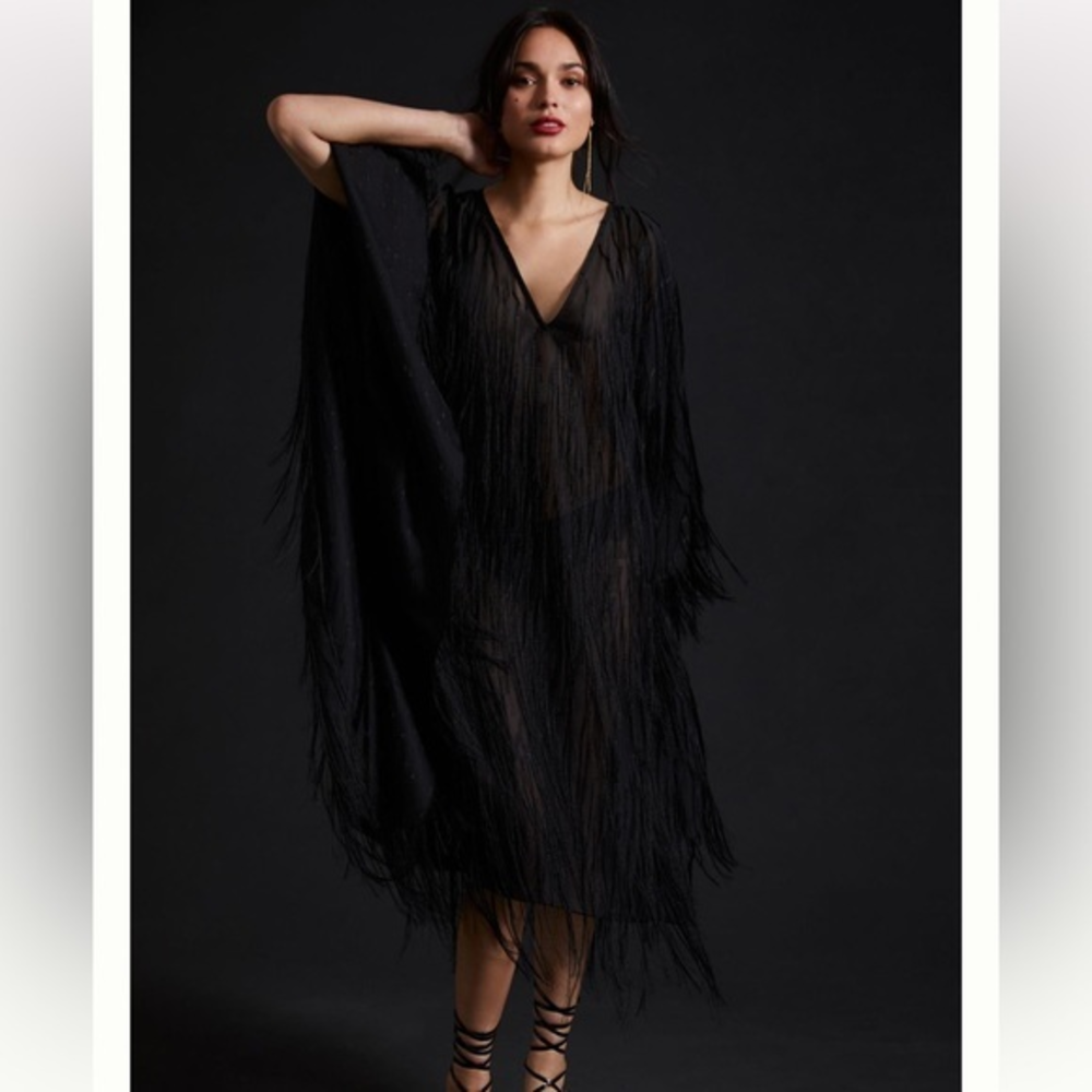 NWT MAEVE By ANTHROPOLOGIE Fringed Shine Kaftan Black See Through Dress‎